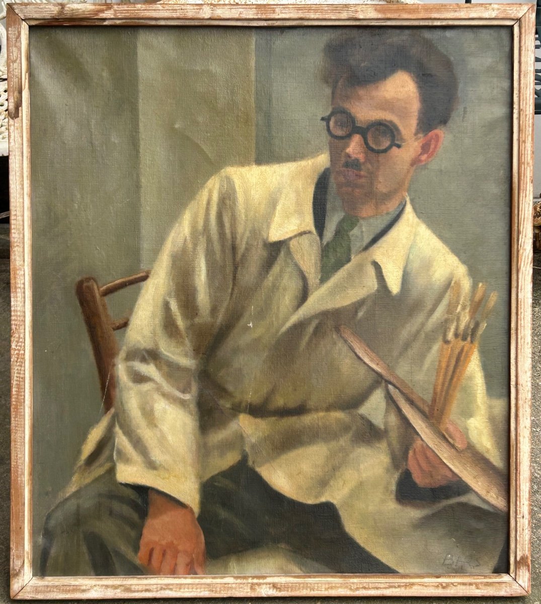 Painting On Canvas - Self Portrait Painting Of A Painter From The 1940s-50s