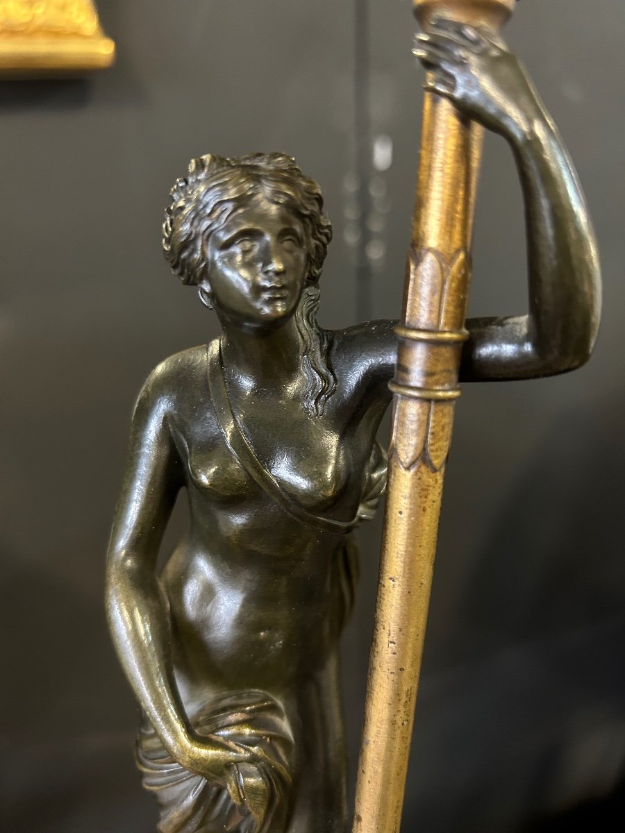 Paire De Bougeoirs En Bronze Femmes A L’antique D’époque Empire - Début XIXéme -photo-7