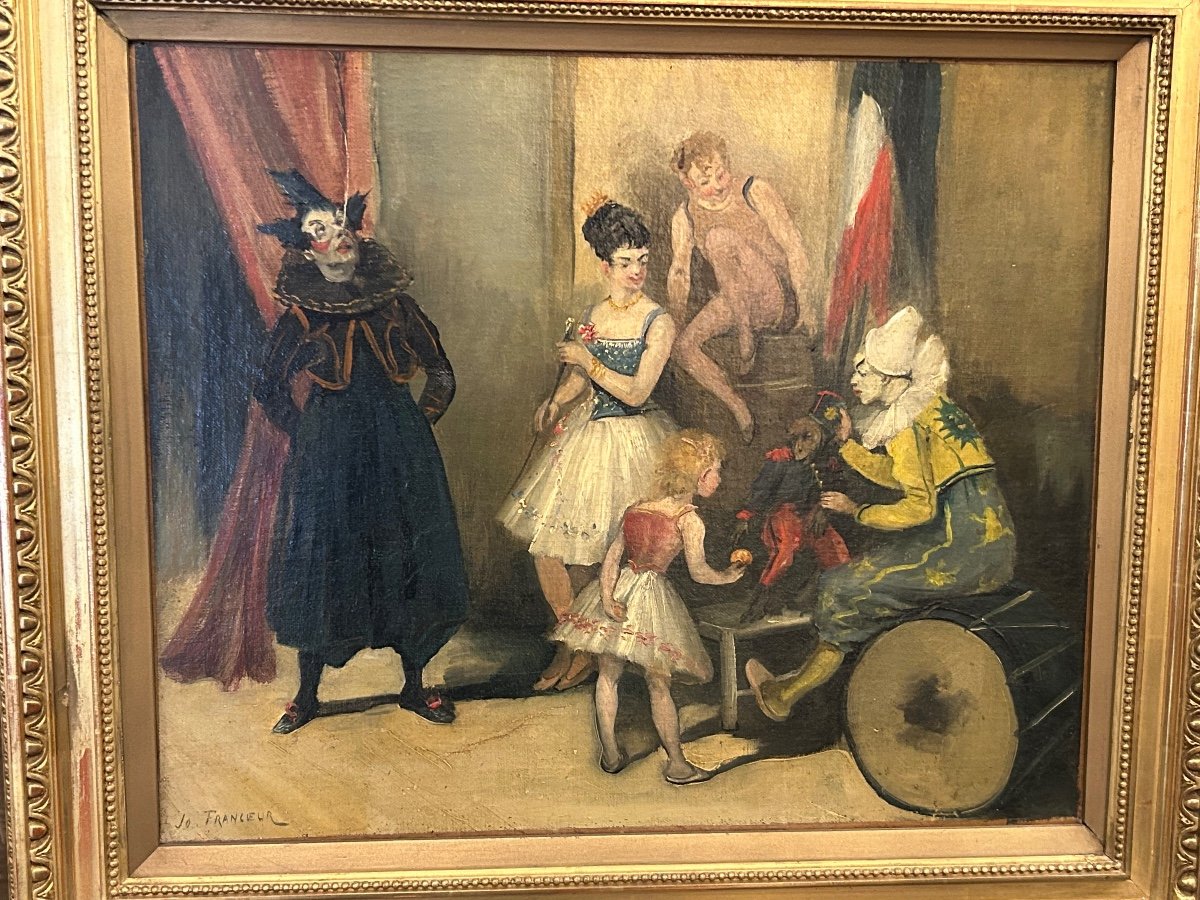 Jo Francoeur -: Oil On Canvas - "before The Circus Show" Circa 1900-photo-2