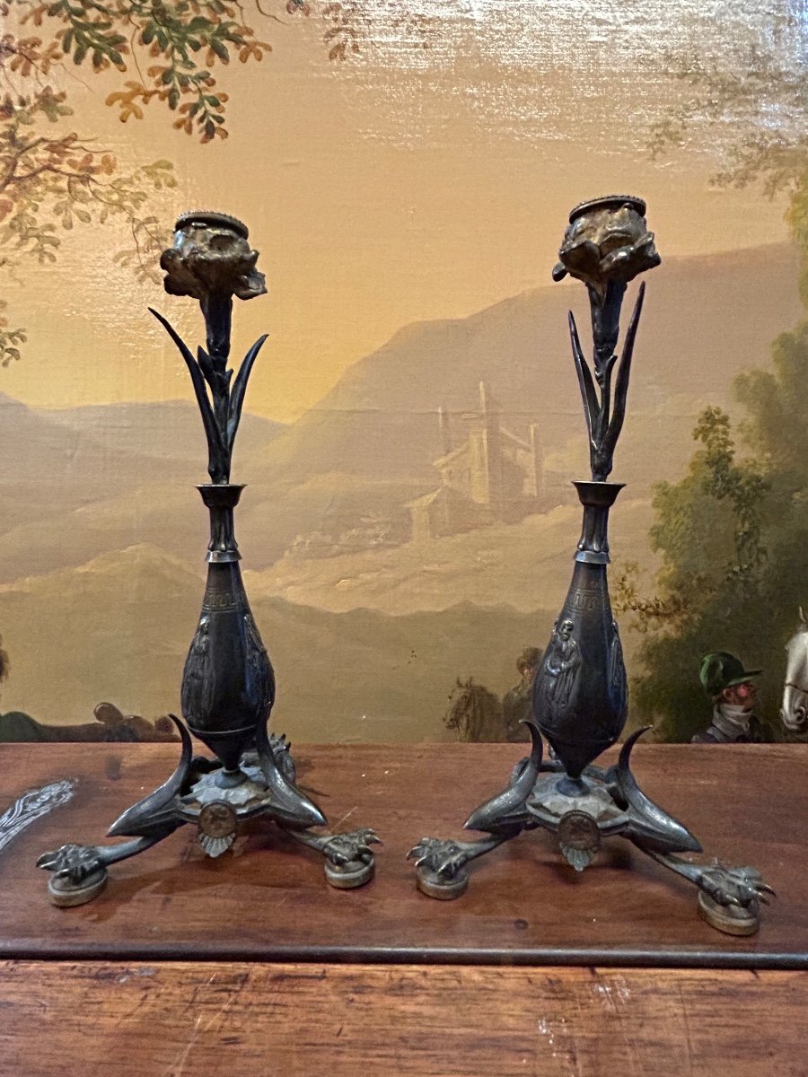 Pair Of Neoclassical Or Naturalist Bronze Candlesticks Signed Auguste Cain Claw Foot-photo-2