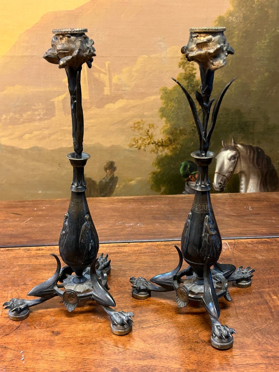 Pair Of Neoclassical Or Naturalist Bronze Candlesticks Signed Auguste Cain Claw Foot-photo-4