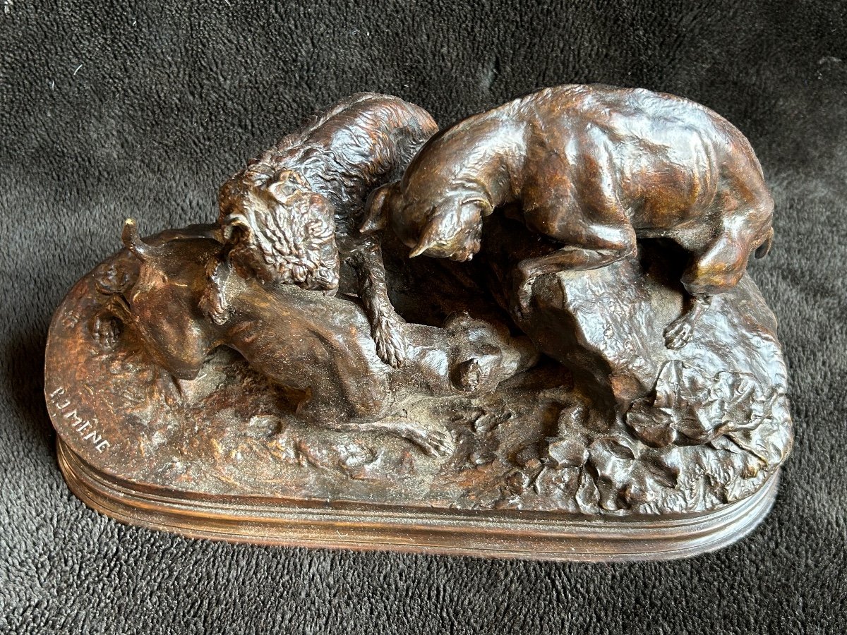 Pierre Jules Mène (1810-1879) "three Dogs At The Burrow" Old Edition Bronze-photo-2