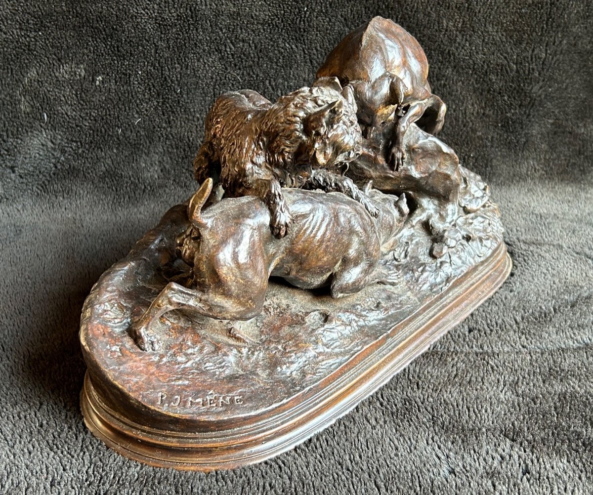 Pierre Jules Mène (1810-1879) "three Dogs At The Burrow" Old Edition Bronze-photo-4