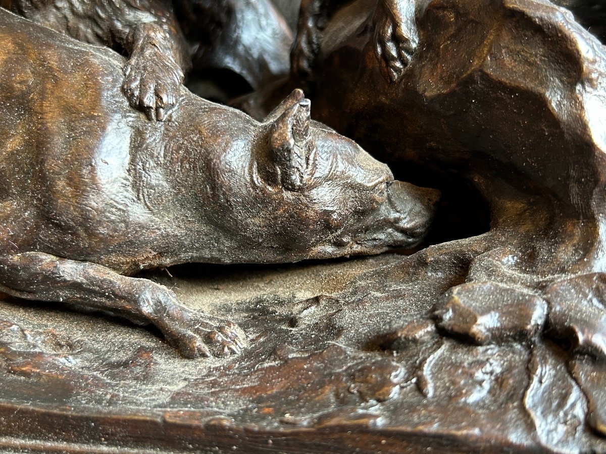 Pierre Jules Mène (1810-1879) "three Dogs At The Burrow" Old Edition Bronze-photo-4