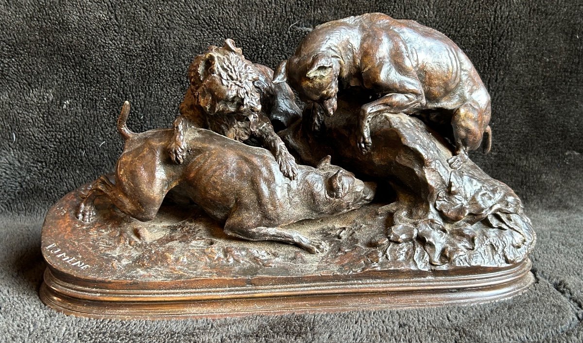 Pierre Jules Mène (1810-1879) "three Dogs At The Burrow" Old Edition Bronze-photo-5