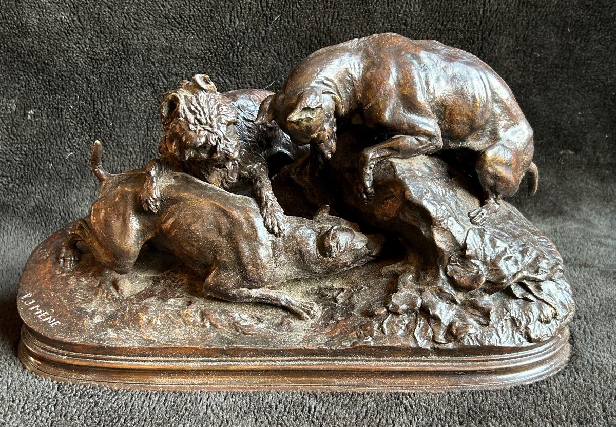 Pierre Jules Mène (1810-1879)" Trois Chiens Au Terrier" Bronze d'Edition Ancienne