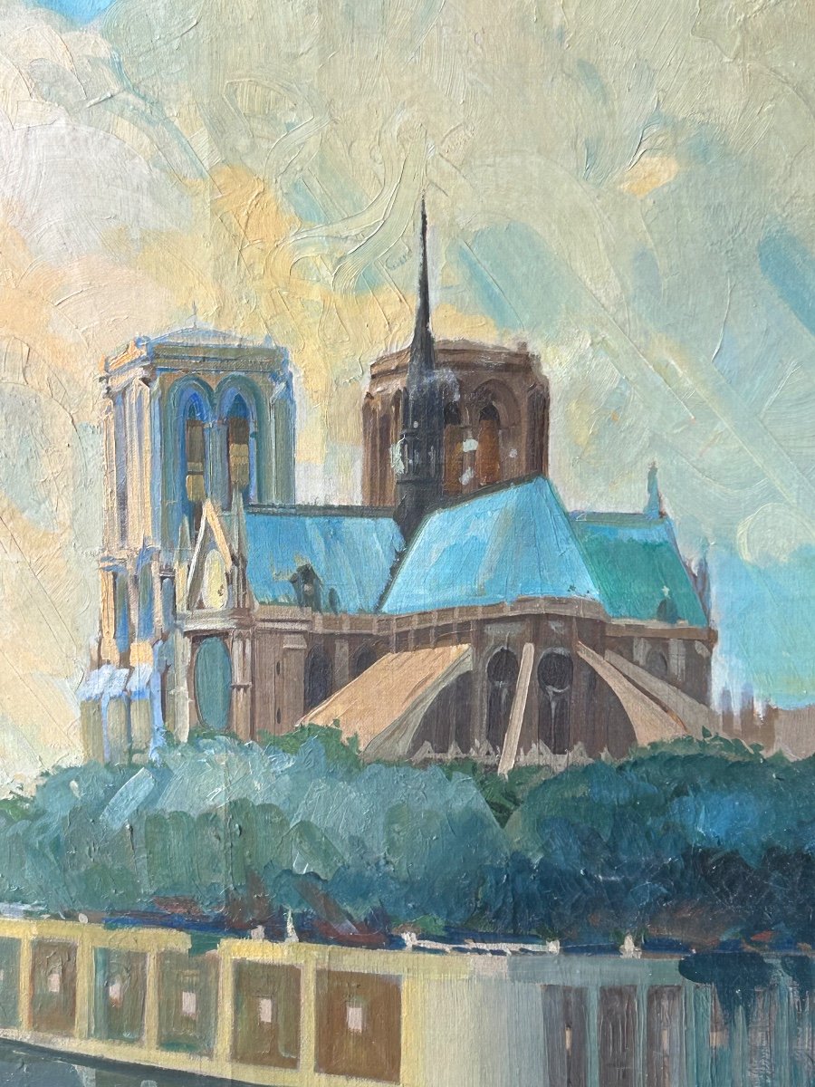 Cathédrale Notre Dame De Paris - Grande Huile Sur Toile Vers 1940 - H 112 x L 142 cm-photo-2