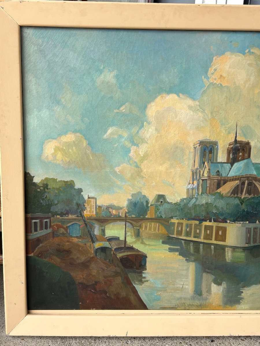 Notre Dame De Paris Cathedral - Large Oil On Canvas Circa 1940 - H 112 X W 142 Cm-photo-3