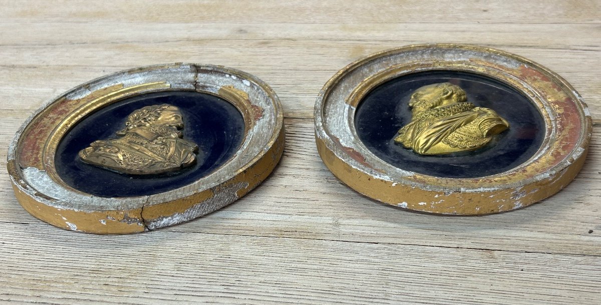 Pair Of Portraits In Medallions - Gilt Bronze Profiles Henry IV And Sully 18th Century-photo-4