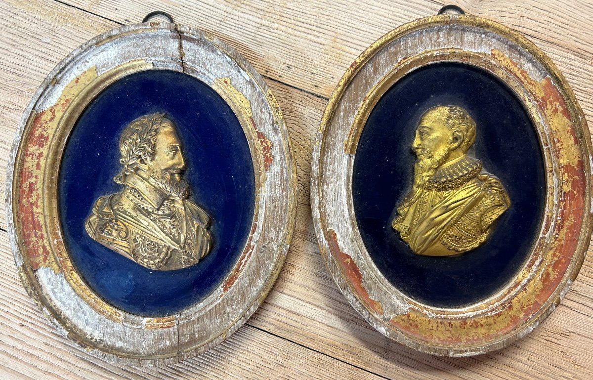 Pair Of Portraits In Medallions - Gilt Bronze Profiles Henry IV And Sully 18th Century-photo-8