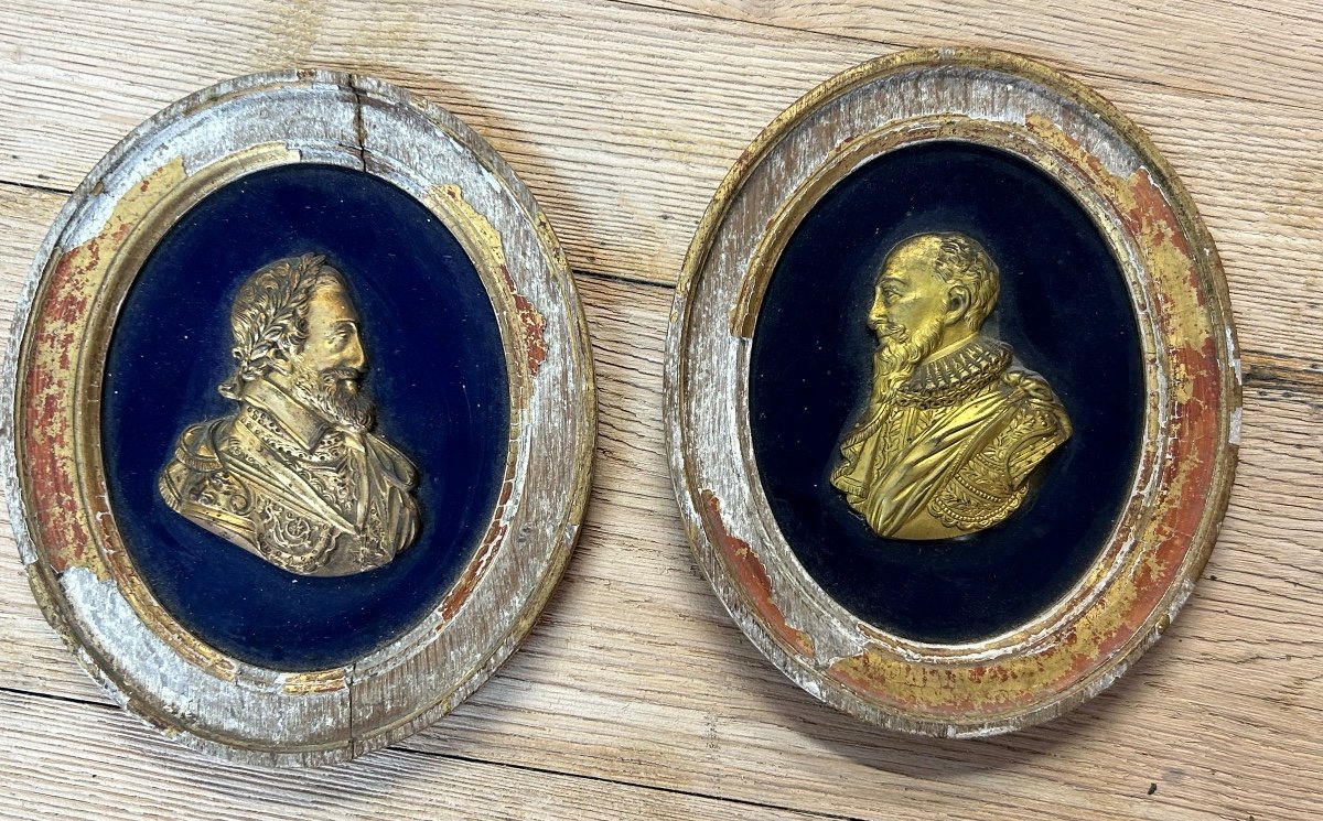 Pair Of Portraits In Medallions - Gilt Bronze Profiles Henry IV And Sully 18th Century