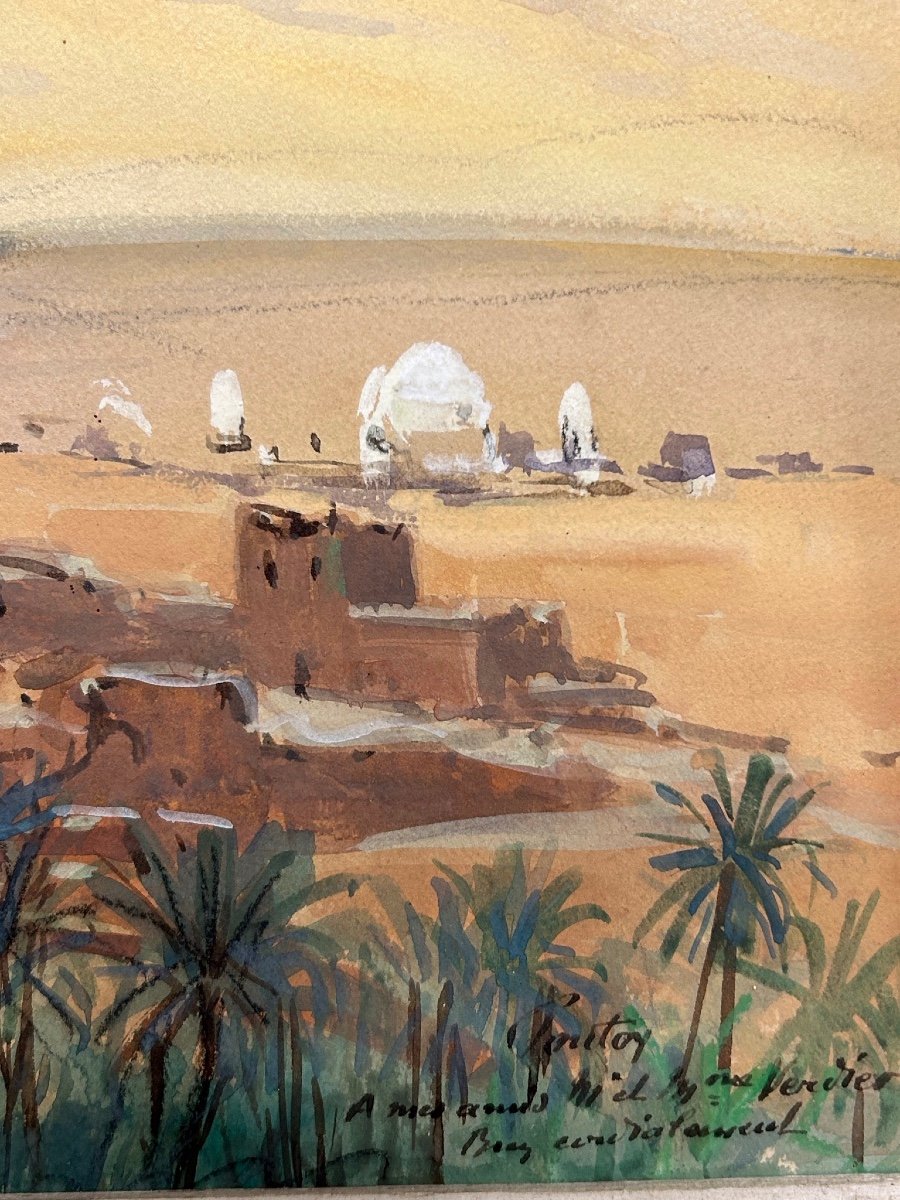 Henri Jean Pontoy (1888-1968) Kasbah At The Foot Of The Mountain - Oil Painting On Paper-photo-6