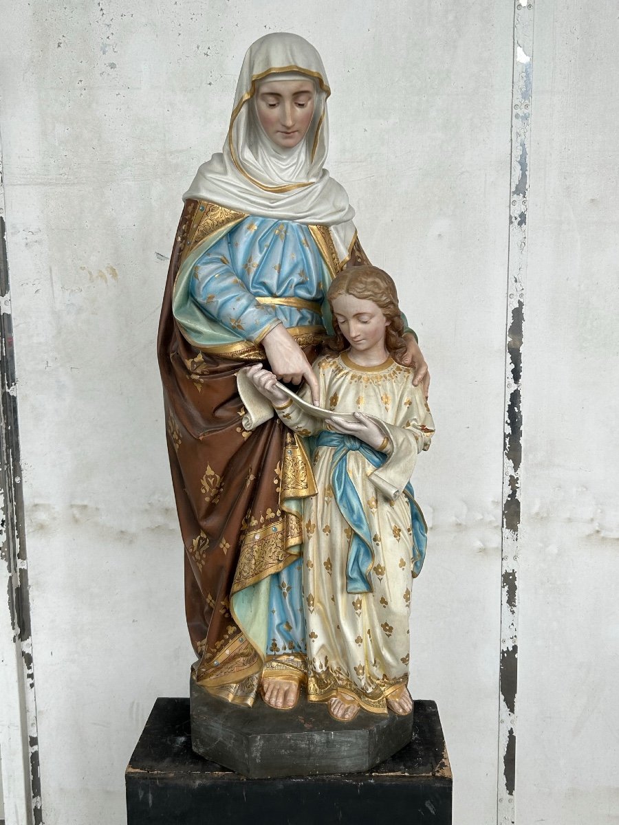 Saint Anne The Education Of The Virgin Mary - Large Polychrome Terracotta Sculpture H 120-photo-4