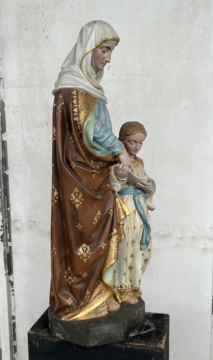 Saint Anne The Education Of The Virgin Mary - Large Polychrome Terracotta Sculpture H 120-photo-2