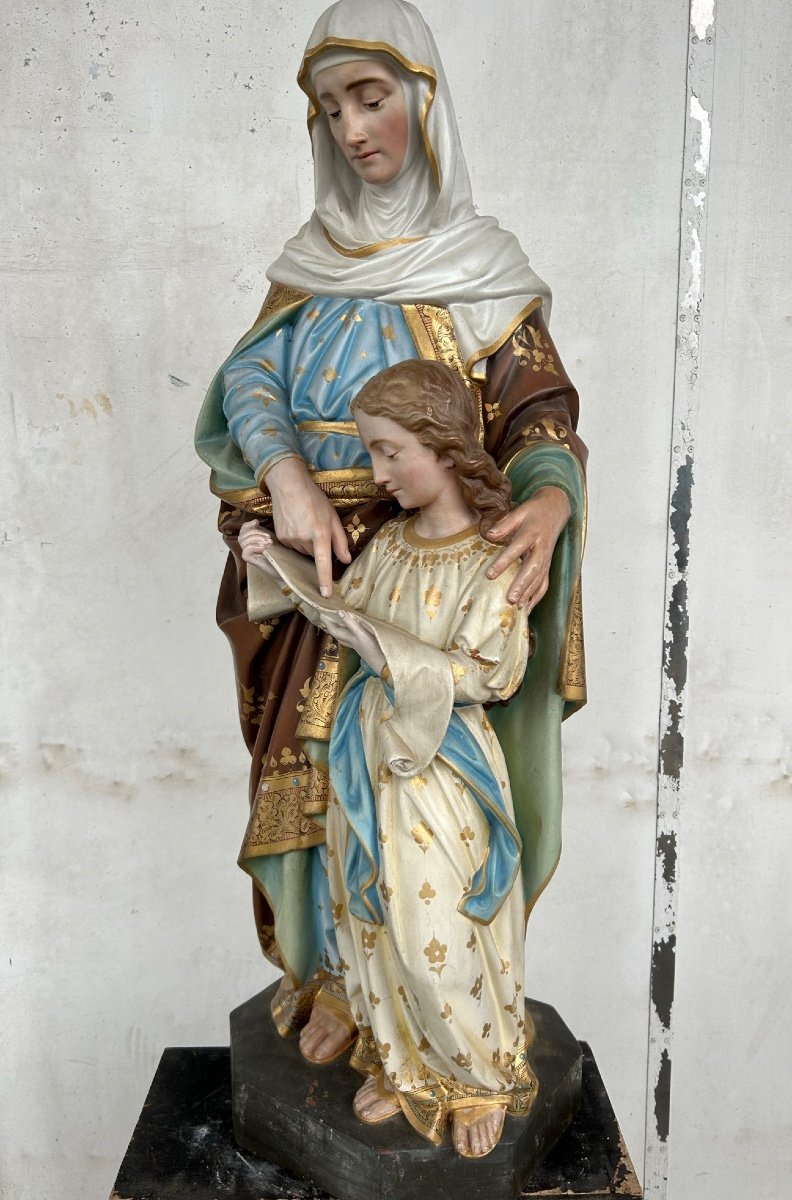 Sainte Anne L’éducation De La Vierge Marie - Grande Sculpture En Terre Cuite Polychrome H 120 -photo-8