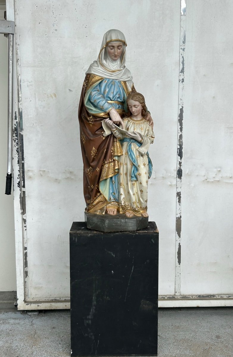Saint Anne The Education Of The Virgin Mary - Large Polychrome Terracotta Sculpture H 120