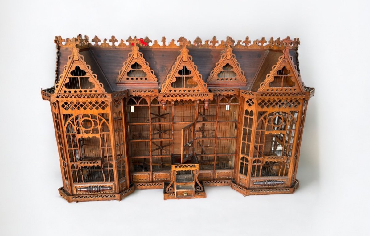 Importante Cage à Oiseaux - Volière Figurant Une Maison Début XXème L 158 cm-photo-2