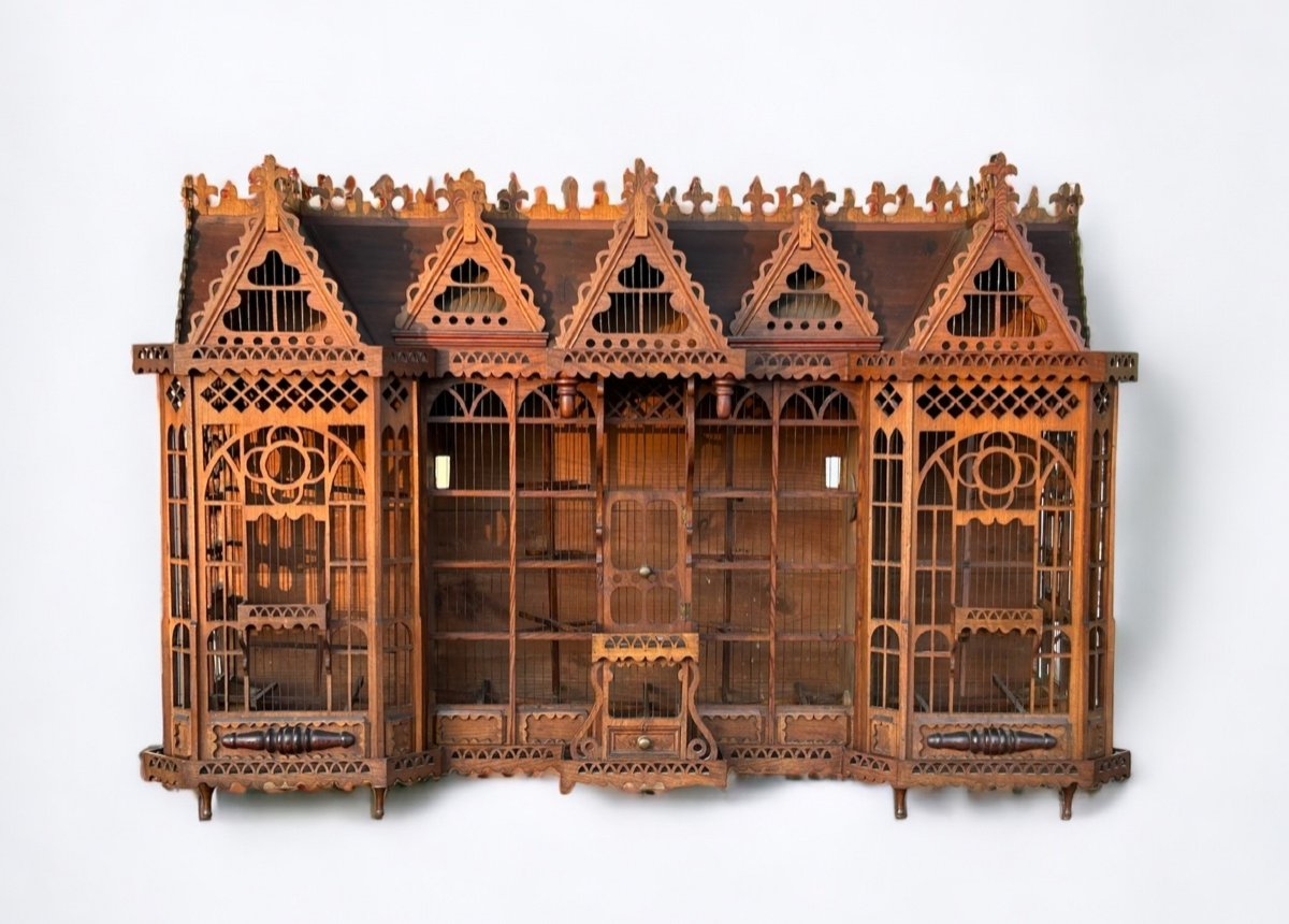 Importante Cage à Oiseaux - Volière Figurant Une Maison Début XXème L 158 cm