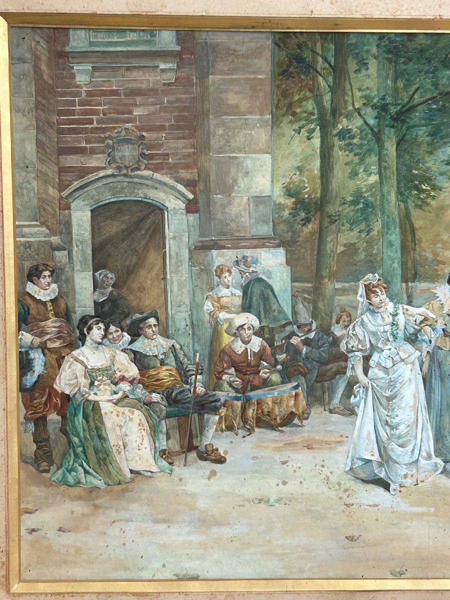 Large Watercolor Signed F Perriot Dated 1894 After Adrien Moreau “le Minuet”-photo-2