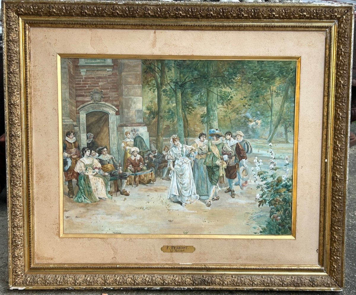 Large Watercolor Signed F Perriot Dated 1894 After Adrien Moreau “le Minuet”