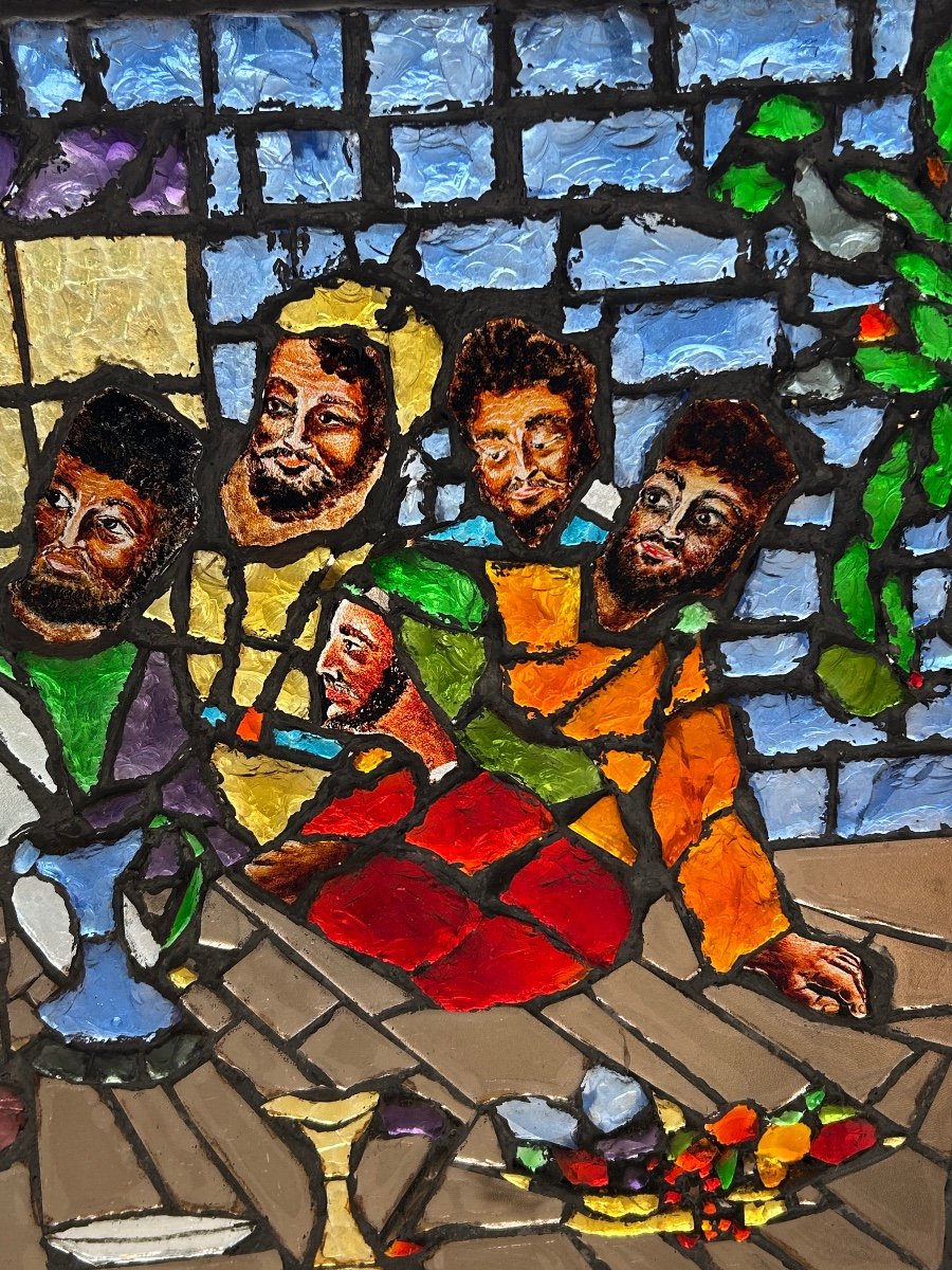 Large Stained Glass Window The Last Supper Circa 1960 - Raw Glass Blocks - H 119 X L 161 Cm-photo-4