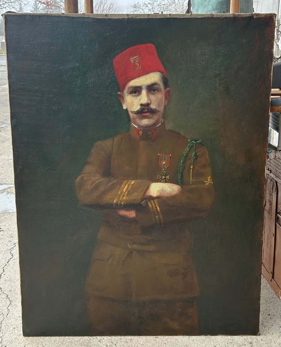 Rare Et Grand Portrait D’un Capitaine Du 9ème Zouaves Vers 1918 H 116 Cm