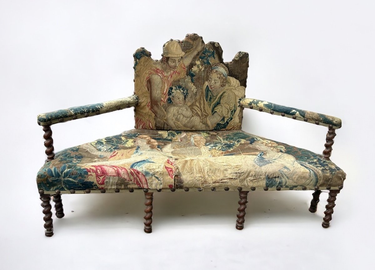 Louis XIII Style Bench - Sofa Upholstered With Late 17th Century Tapestry-photo-3