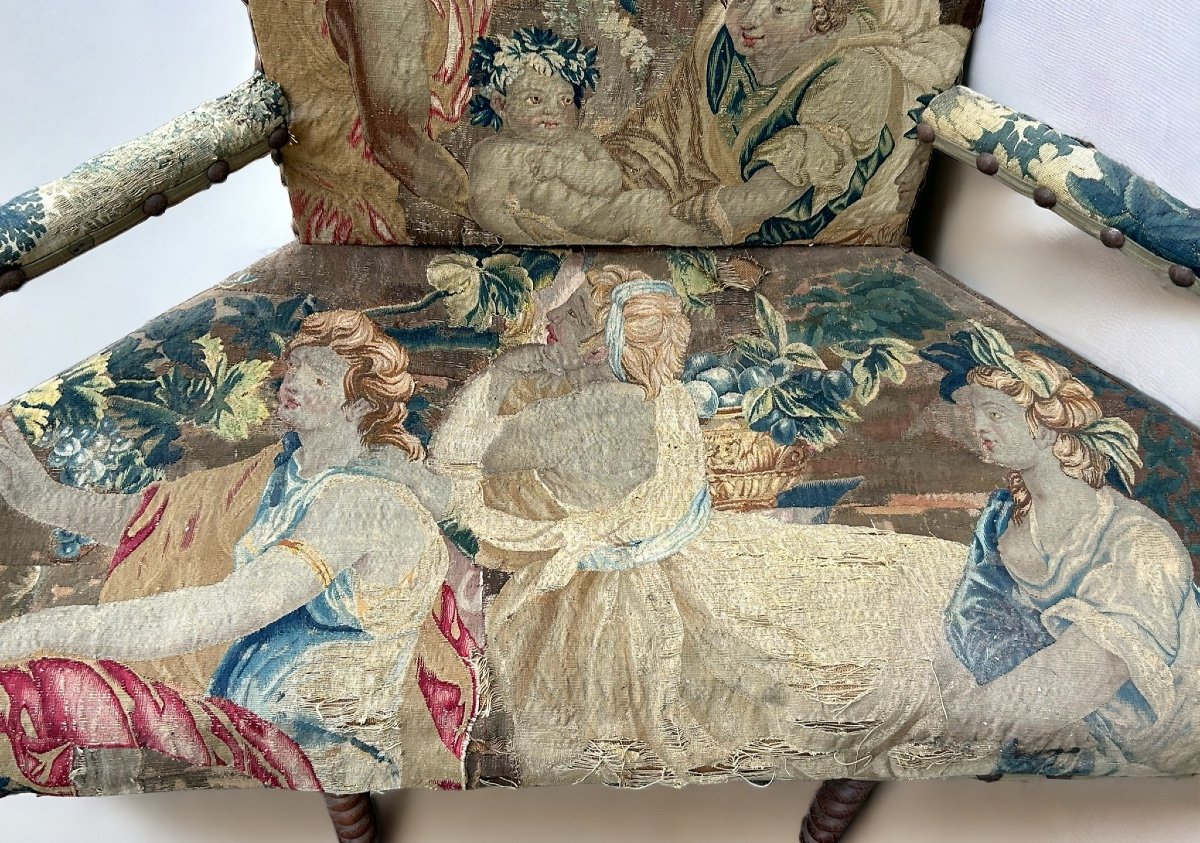 Louis XIII Style Bench - Sofa Upholstered With Late 17th Century Tapestry-photo-3