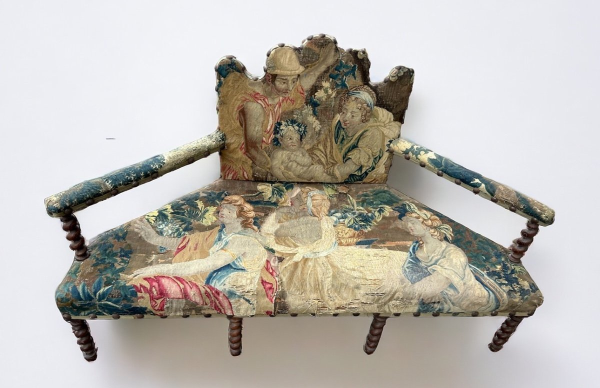 Louis XIII Style Bench - Sofa Upholstered With Late 17th Century Tapestry-photo-7