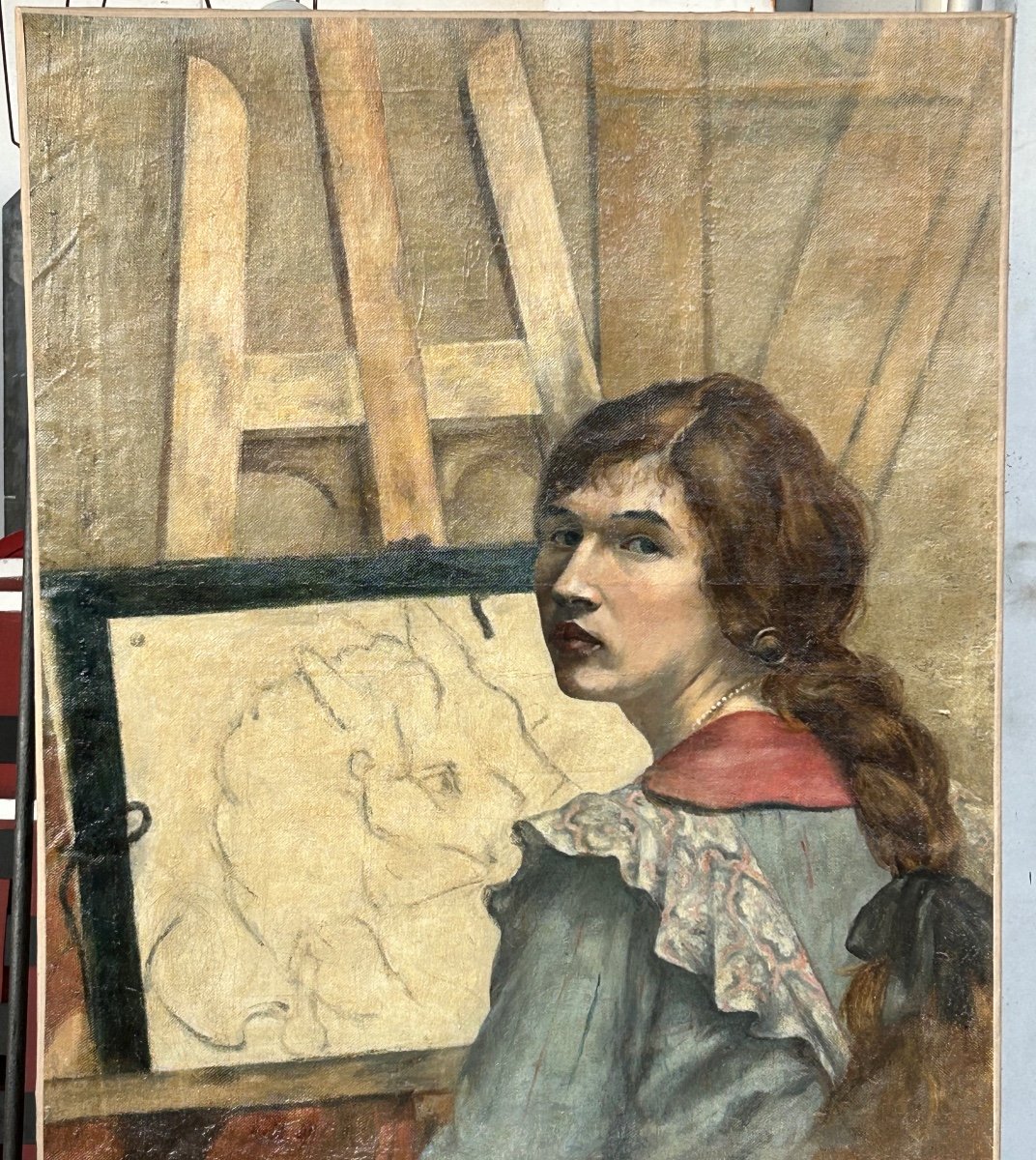 Painting - Oil On Canvas - Self-portrait - Portrait Of Woman Painter Late 19th Century-photo-2