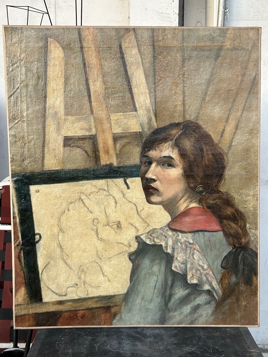 Painting - Oil On Canvas - Self-portrait - Portrait Of Woman Painter Late 19th Century-photo-5