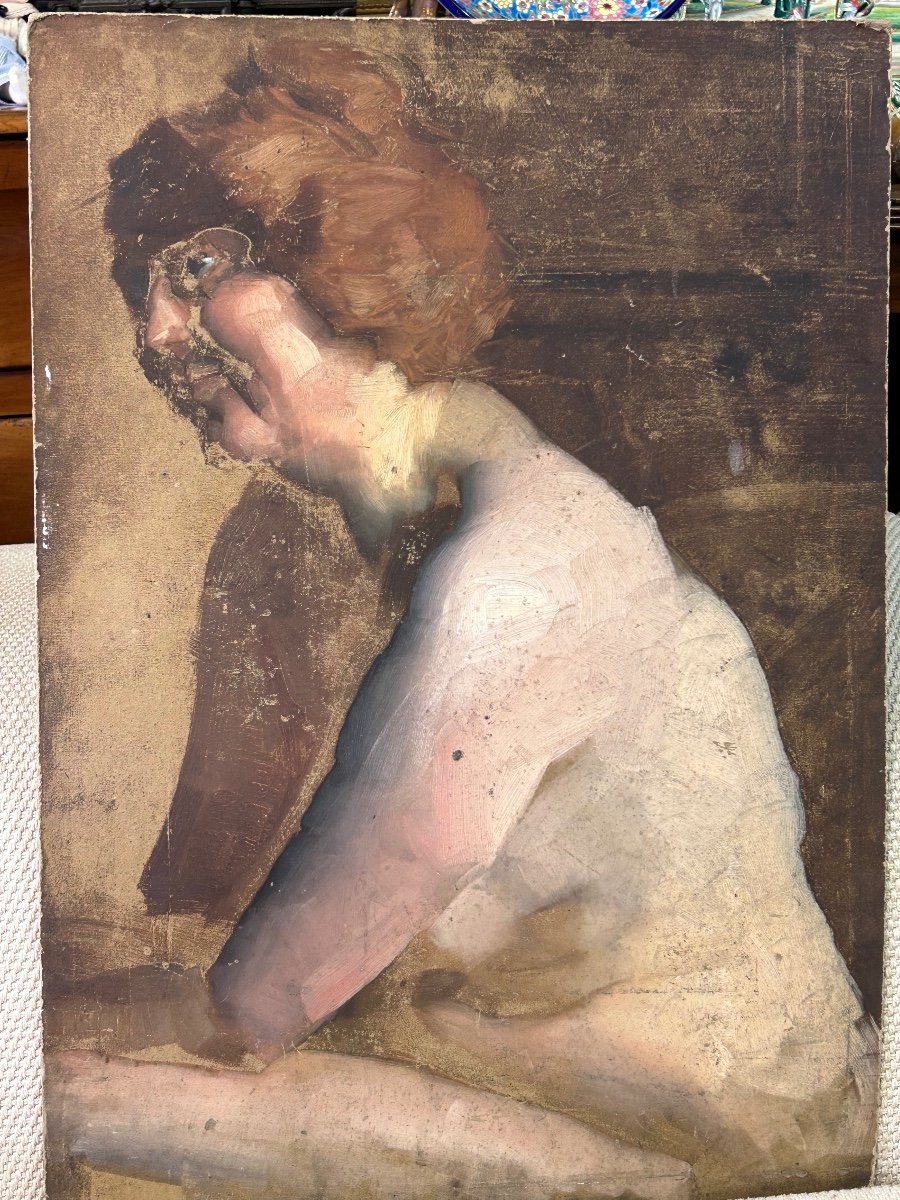 Curious Study Of Nude - Painting On Cardboard Late 19th Century -photo-2