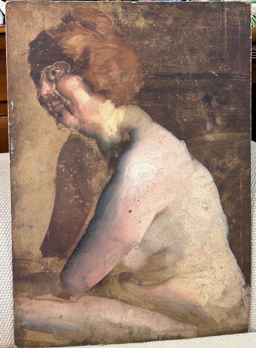 Curious Study Of Nude - Painting On Cardboard Late 19th Century 