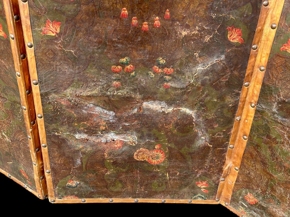 Large Four-leaf Screen In Cordoba Leather From The Late 18th Century H 188 Cm-photo-4