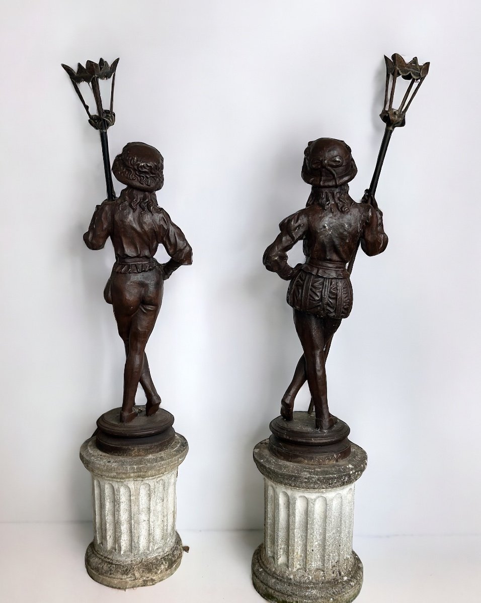 Pair Of “halberdier” Torchieres In Cast Iron 20th Century Garden Decoration H 163 Cm-photo-4