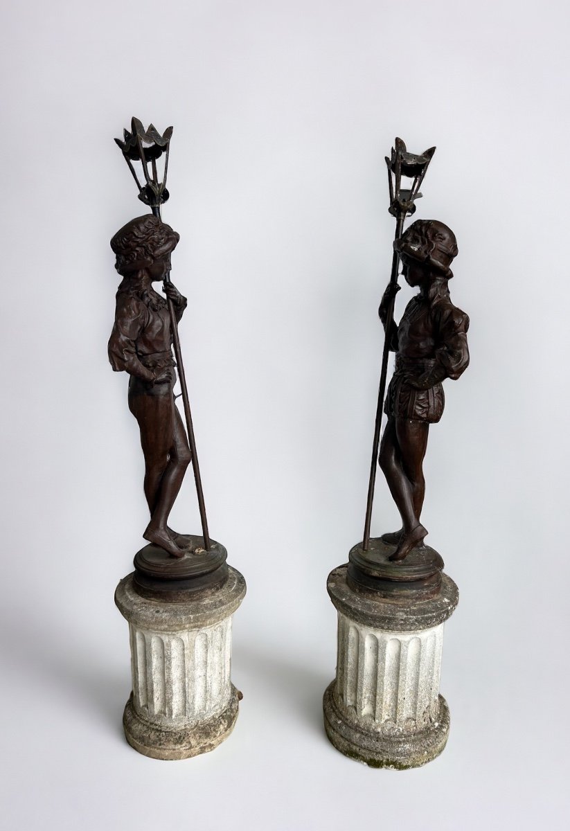 Pair Of “halberdier” Torchieres In Cast Iron 20th Century Garden Decoration H 163 Cm-photo-5