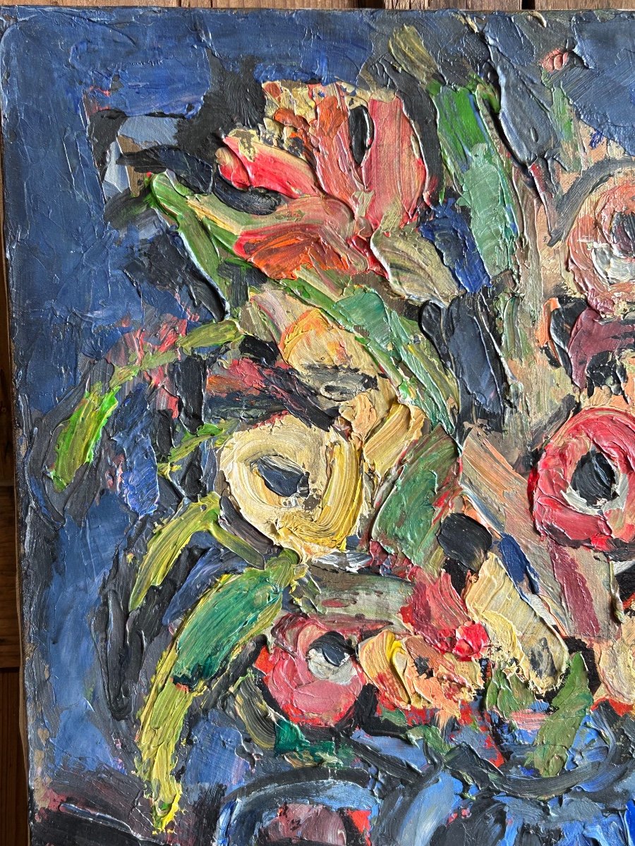 Pierre Ambrogiani (1906-1985) Oil On Canvas - Bouquet Of Flowers In Blue Vase -photo-4