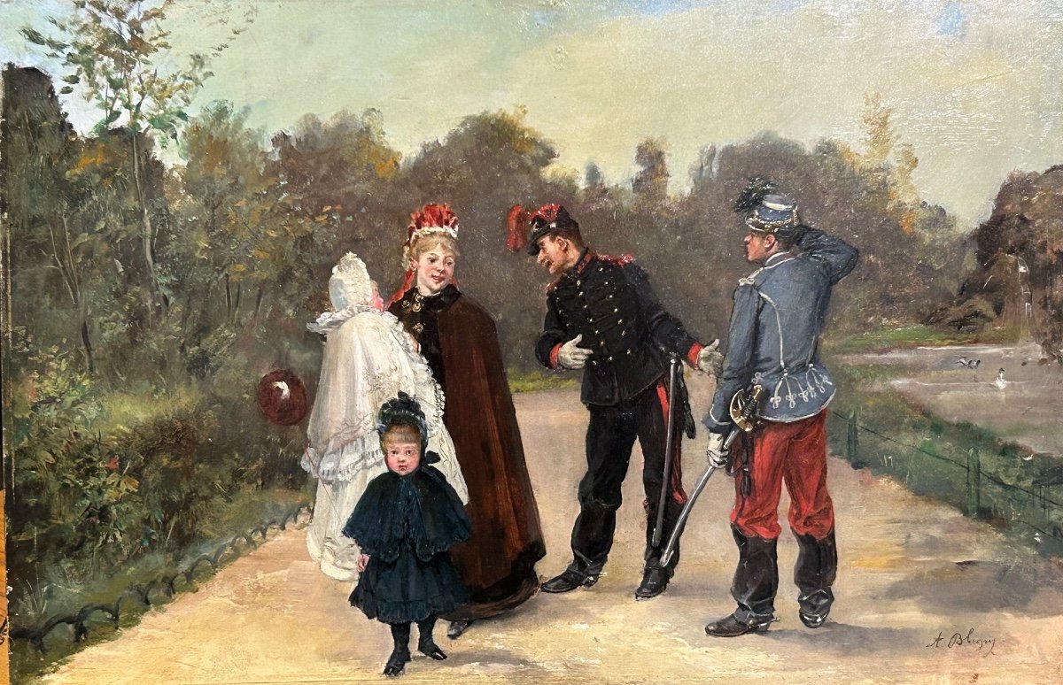 Albert Bligny (1849-1908) La Conversation Avec élégante Et Ses Enfants - Panneau D’acajou -photo-7