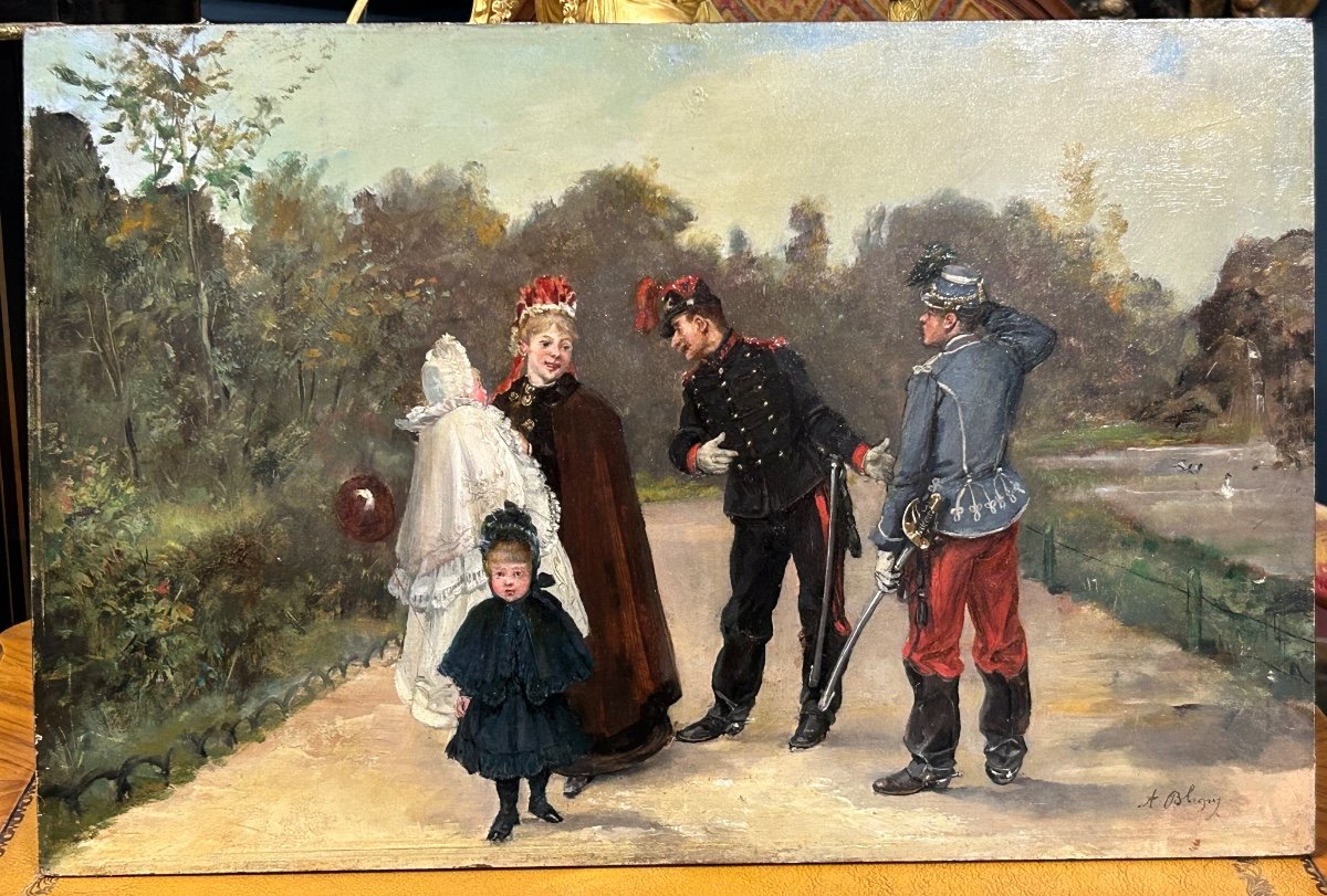 Albert Bligny (1849-1908) La Conversation Avec élégante Et Ses Enfants - Panneau D’acajou 