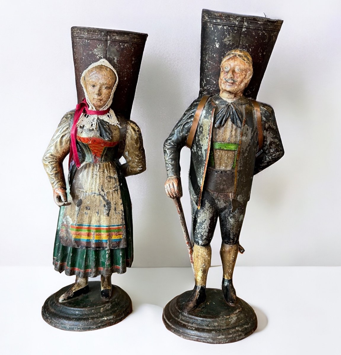 Rare Pair Of Figurative Vases In Painted Sheet Metal - Switzerland Late 18th Century Early 19th Century - Empire -photo-2