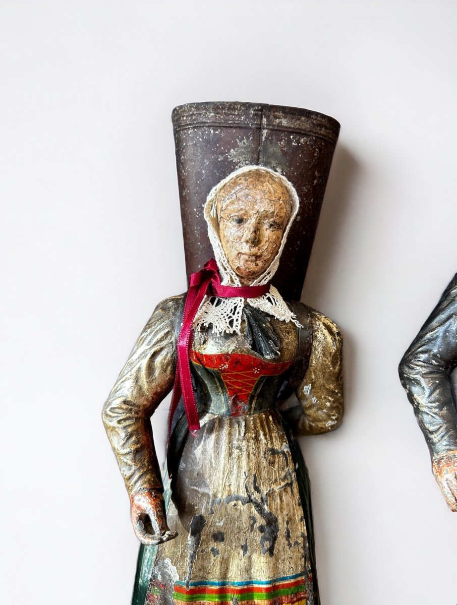 Rare Pair Of Figurative Vases In Painted Sheet Metal - Switzerland Late 18th Century Early 19th Century - Empire -photo-3