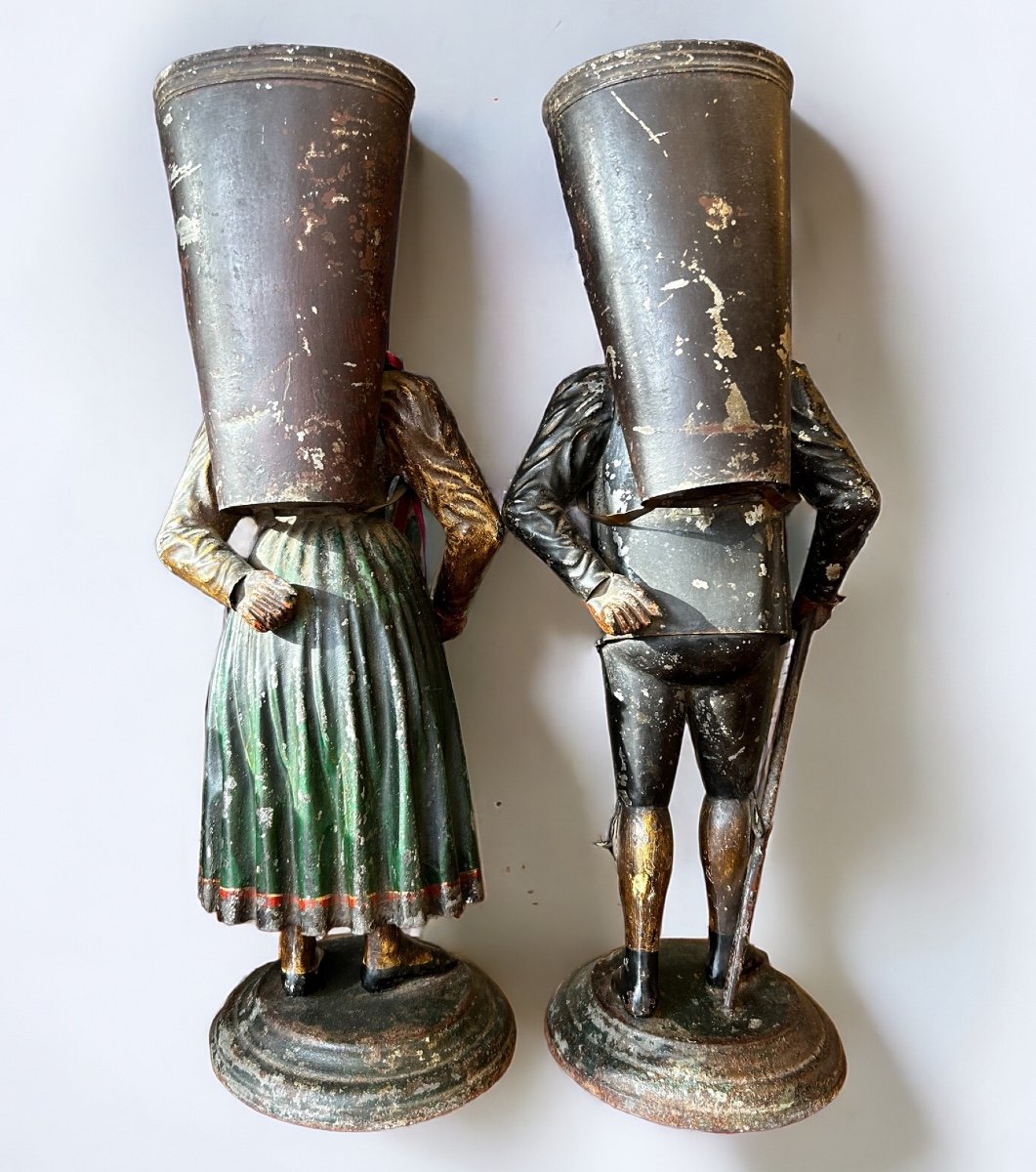 Rare Pair Of Figurative Vases In Painted Sheet Metal - Switzerland Late 18th Century Early 19th Century - Empire -photo-3