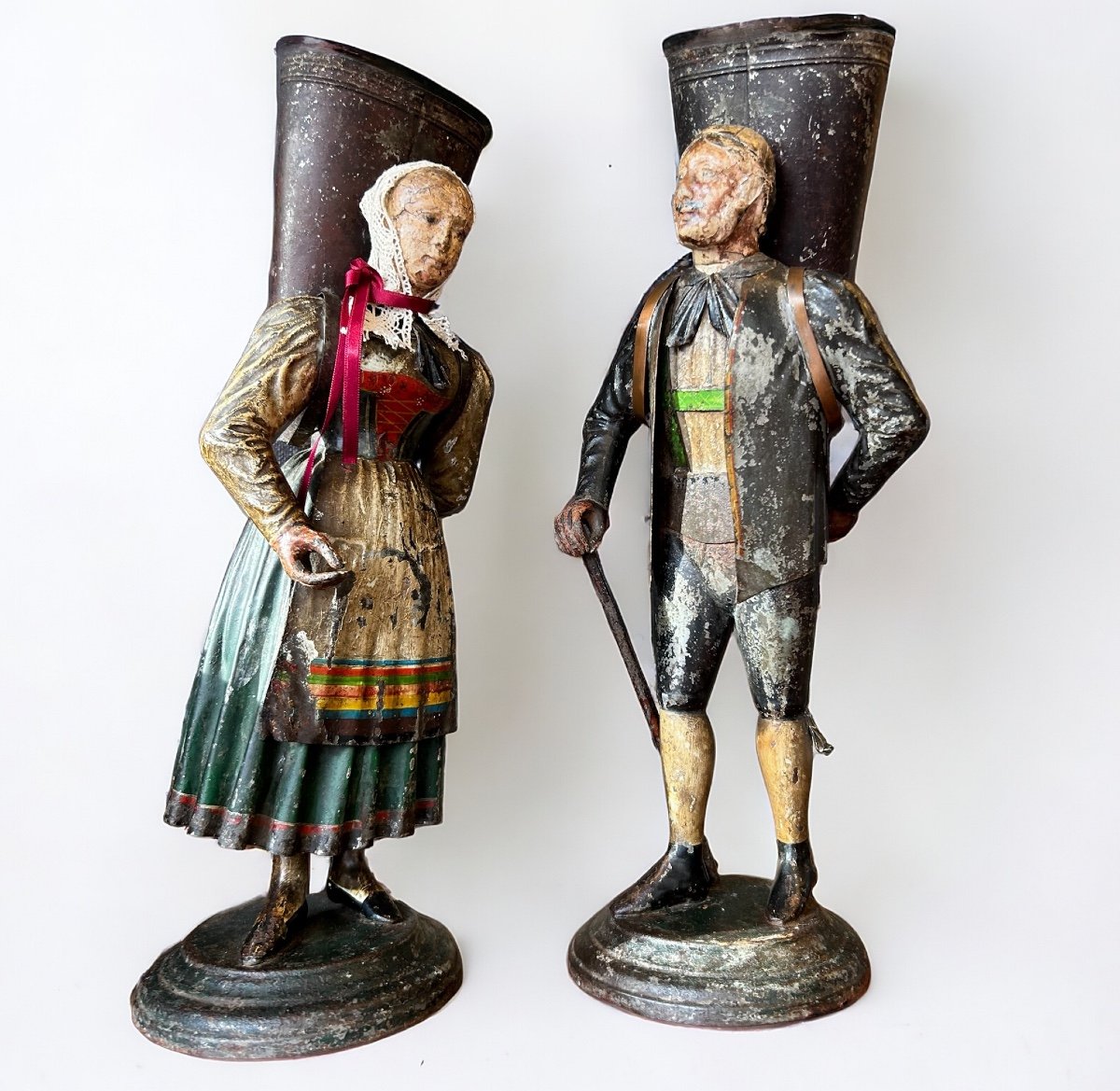 Rare Pair Of Figurative Vases In Painted Sheet Metal - Switzerland Late 18th Century Early 19th Century - Empire -photo-7