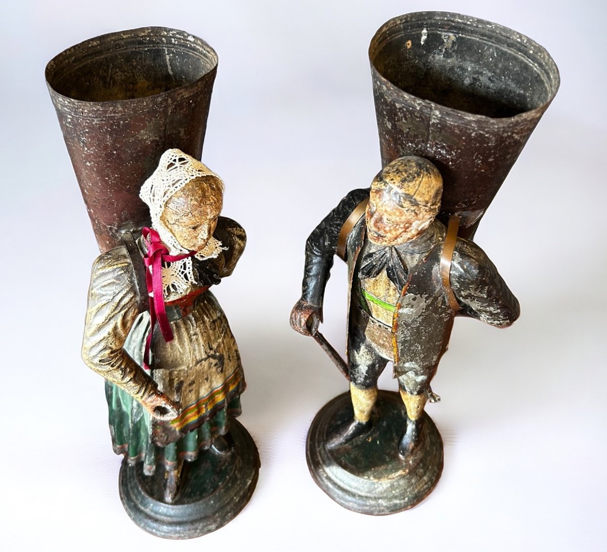 Rare Paire De Vases Figuratifs En Tôle Peinte - Suisse Fin XVIIIème Début XIXéme - Empire -photo-8