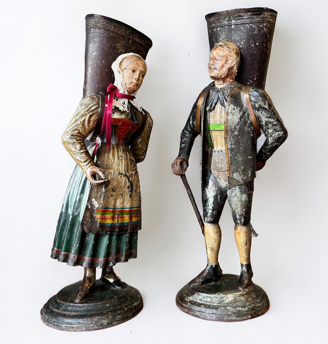 Rare Pair Of Figurative Vases In Painted Sheet Metal - Switzerland Late 18th Century Early 19th Century - Empire 