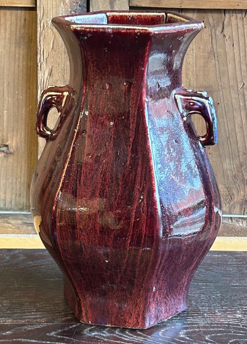 Blue And Aubergine Flamed Chinese Porcelain Vase, Elephant Head Handles, 19th Century -photo-2