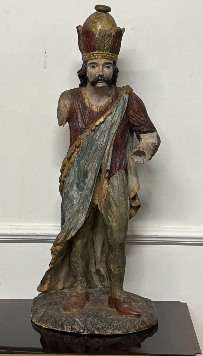 18th Century Polychrome Wooden Sculpture - Magi King - Religious Sculpture 