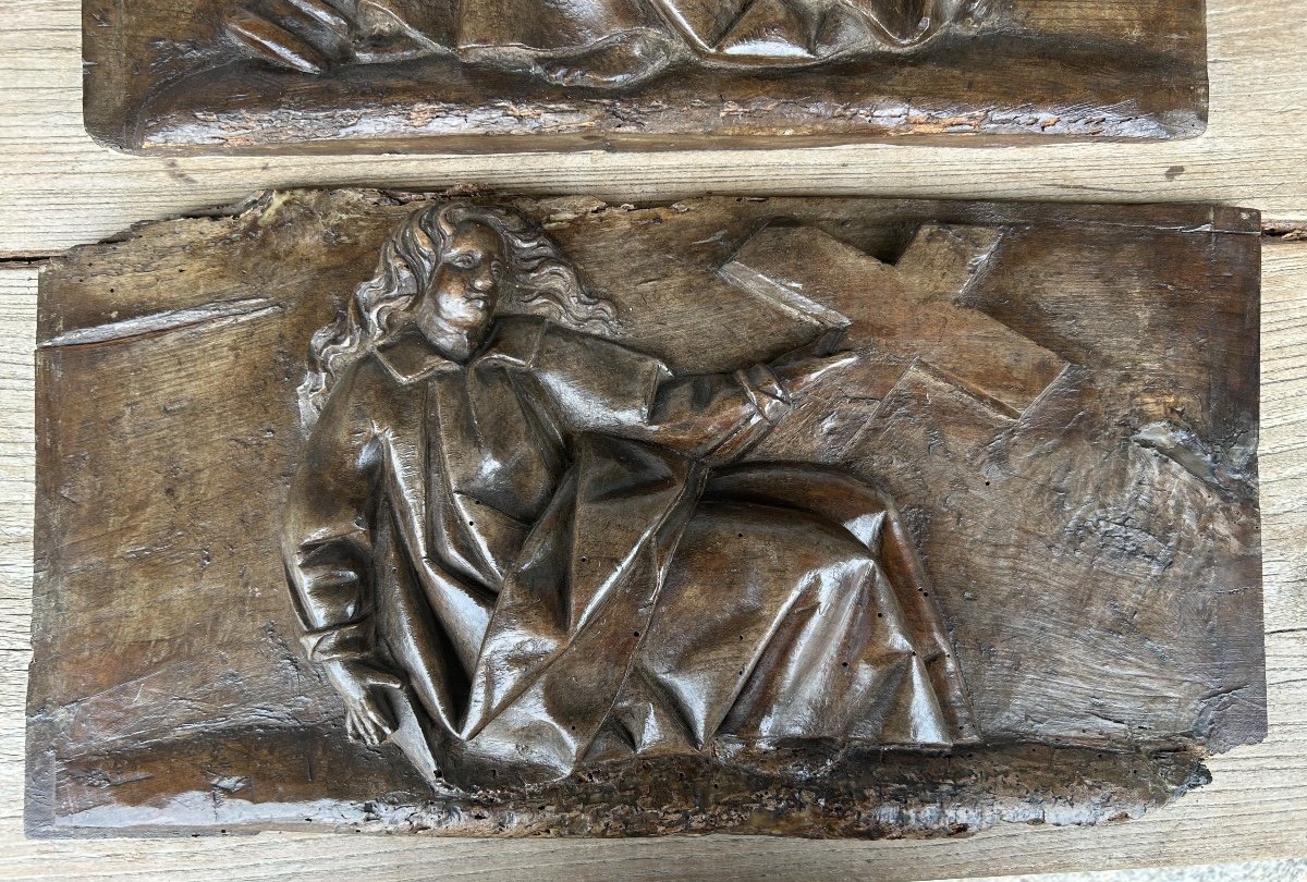 Paire De Panneaux En Bois Sculpté Religieux à Haut Relief époque XVIIème Siècle -photo-2