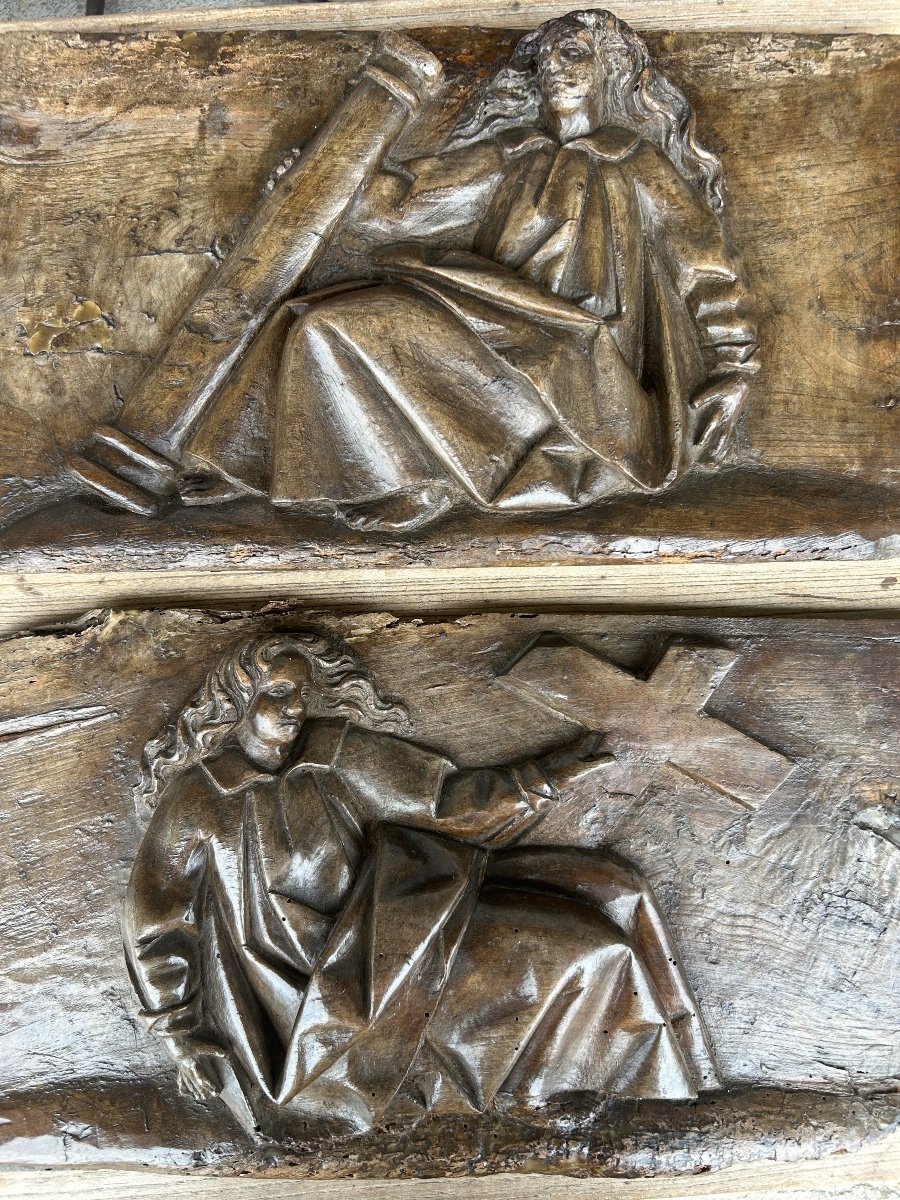 Paire De Panneaux En Bois Sculpté Religieux à Haut Relief époque XVIIème Siècle -photo-1