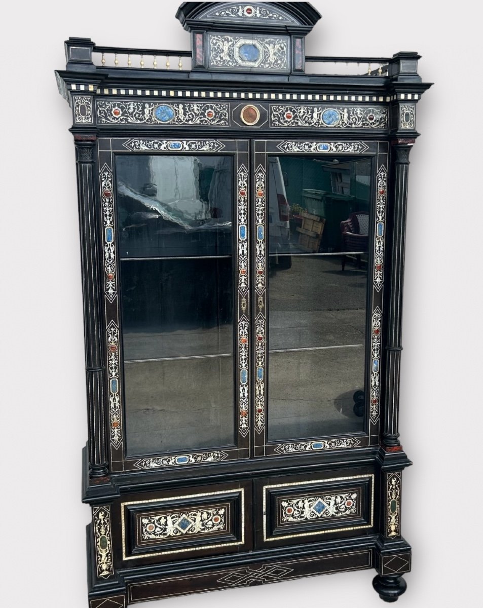  Display Case Attributed To Ferdinando Pogliani (1832-1899) Bone Inlay Lapis Lazuli Cabochons-photo-2